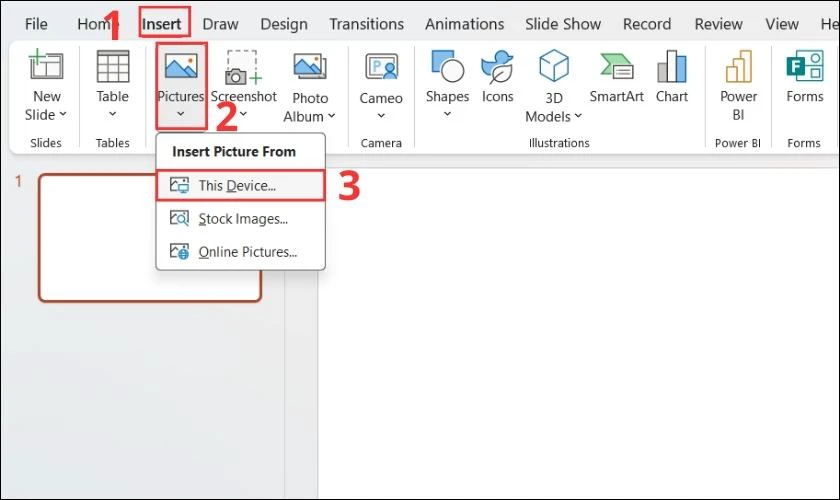 Cách chèn ảnh có sẵn vào vị trí bất kỳ với công cụ trên thanh Ribbon của PowerPoint