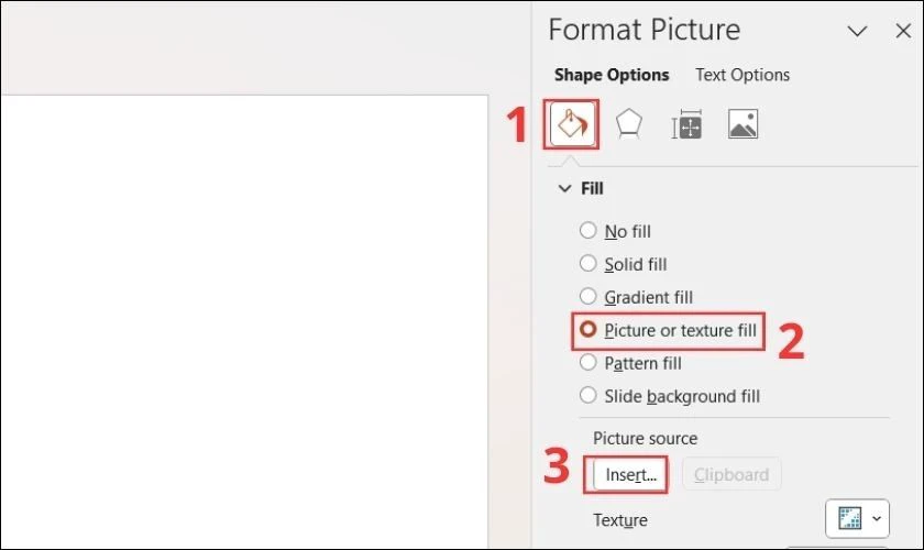 Nhấn vào ô Picture or texture fill và chọn Insert