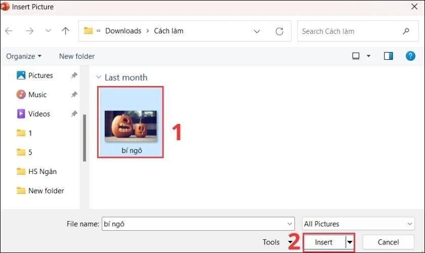 Chọn vào ảnh muốn làm nền cho slide trong hộp thoại Insert Picture