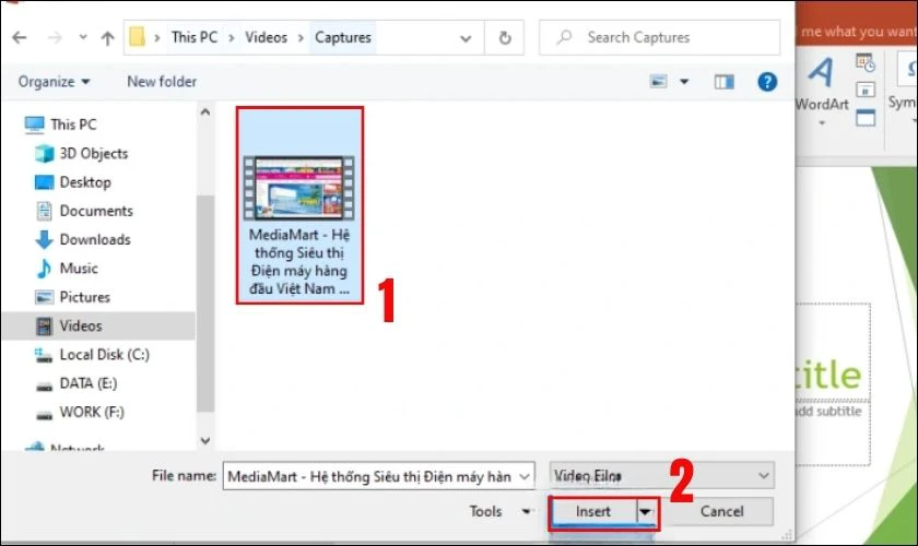 T&igrave;m v&agrave; chọn video muốn ch&egrave;n, nhấn Insert
