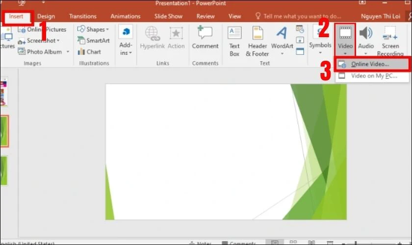 Nhấn v&agrave;o tab Insert, chọn Video, sau đ&oacute; nhấn chọn Online Video&hellip;