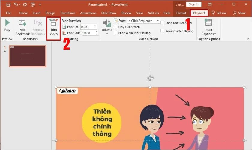 Bấm v&agrave;o video tr&ecirc;n slide, chọn tab Playback