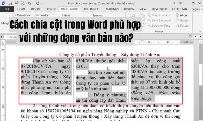 Cách chia cột trong Word phù hợp với những dạng văn bản nào?