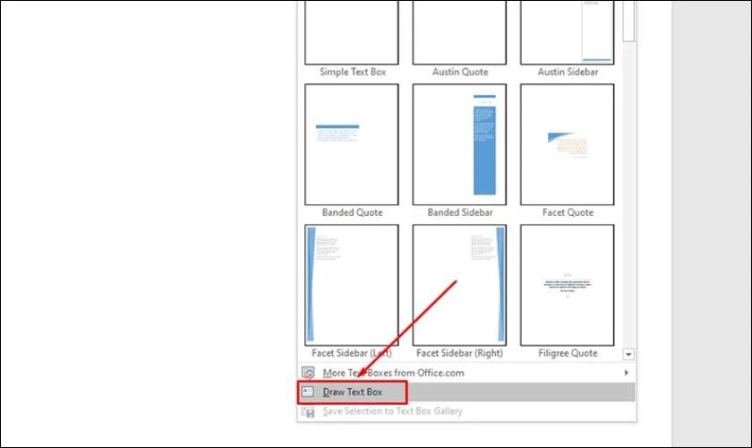 Nhấn vào Insert, sau đó chọn Text Box, nhấn Draw Text Box
