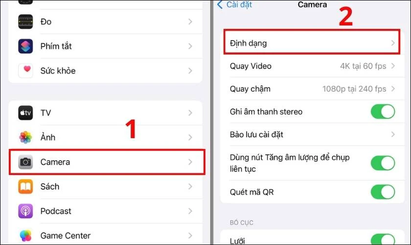 Nhấn vào mục Định dạng trong Camera
