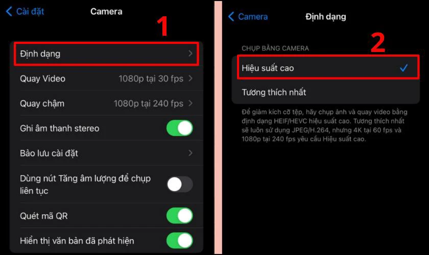 Tại m&agrave;n h&igrave;nh c&agrave;i đặt camera, h&atilde;y chọn Định dạng