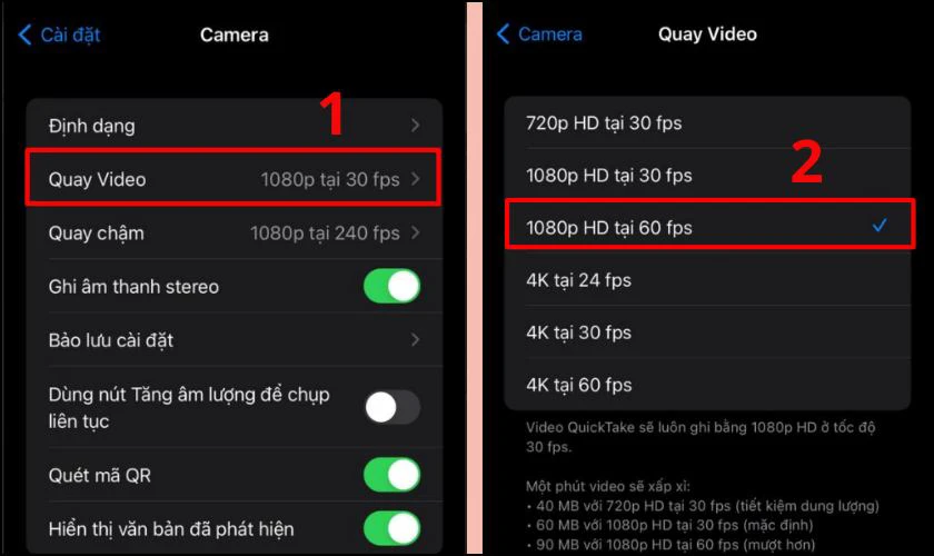 Trở lại m&agrave;n h&igrave;nh Camera, chọn Quay video v&agrave; chọn độ ph&acirc;n giải video ưa th&iacute;ch 