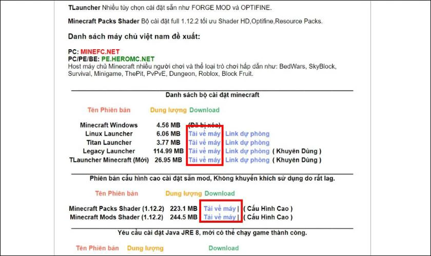 Chọn phiên bản Minecraft PC phù hợp với máy của bạn sau đó nhấn vào Tải về máy