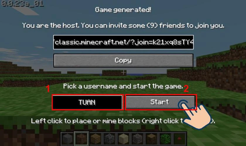 Nhập tên của bạn vào ô trống, sau đó nhấn Start để bắt đầu trải nghiệm Minecraft