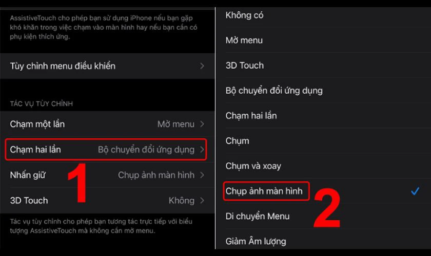Trong mục Chạm hai lần, bạn chọn h&agrave;nh động Chụp ảnh m&agrave;n h&igrave;nh