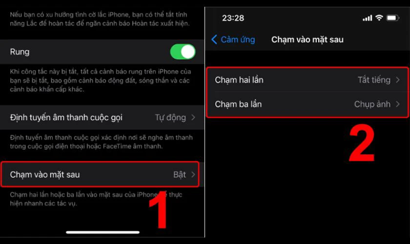 Chọn Chạm v&agrave;o mặt sau, sau đ&oacute; chọn thao t&aacute;c Chạm hai lần hoặc Chạm ba lần