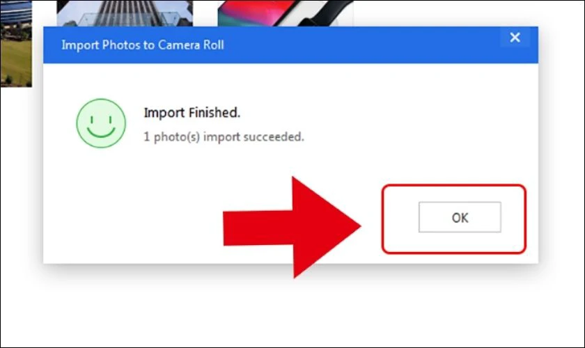 Chờ 3uTools chuyển ảnh vào iPhone và bấm OK