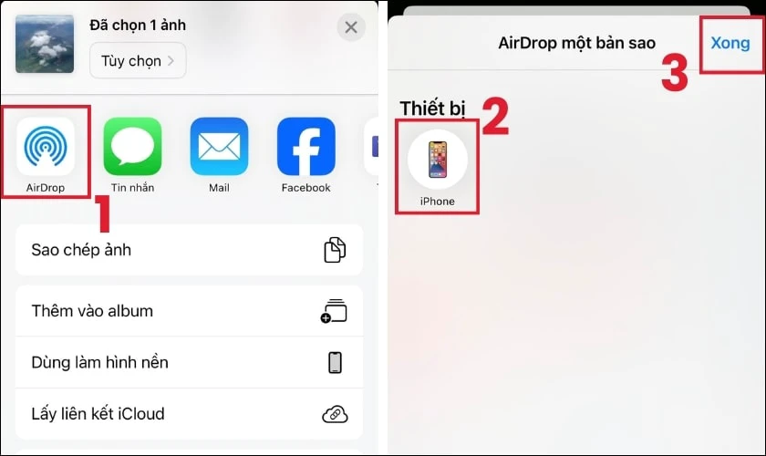 Chọn mục Airdrop để gửi ảnh sang iPhone khác