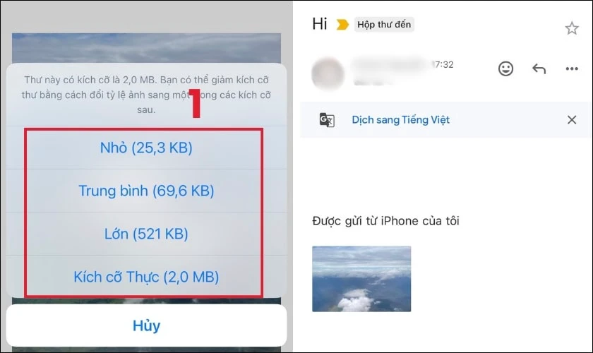 Tùy chọn kích thước ảnh trước khi gửi