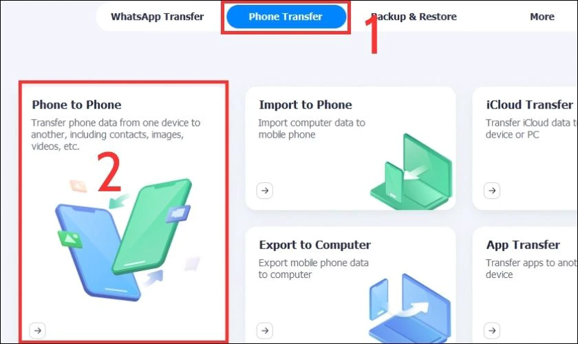 Thực hiện chọn Phone Transfer và chọn vào Phone to Phone để truyền dữ liệu
