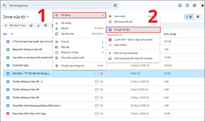 Nhấp chuột phải vào tệp PDF, chọn Mở bằng và chọn Google Tài liệu