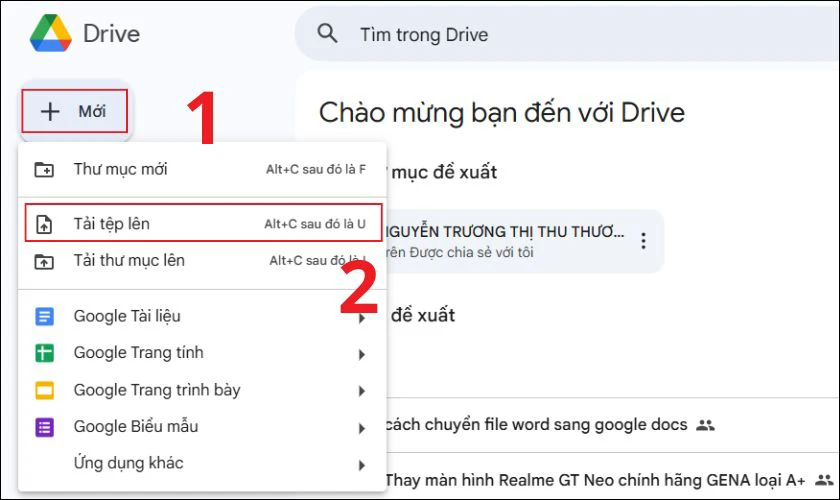 Nhấn Mới và chọn Tải tệp lên