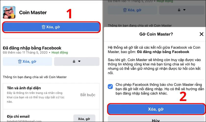 Nhấn v&agrave;o Coin Master v&agrave; chọn X&oacute;a, gỡ