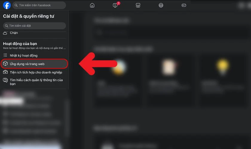 K&eacute;o xuống v&agrave; chọn phần Ứng dụng v&agrave; trang web