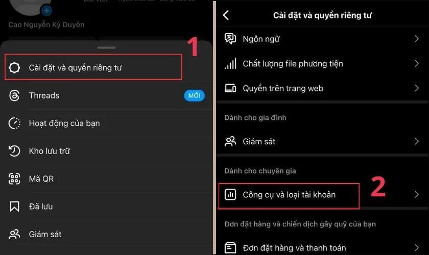 Chọn vào Cài đặt và quyền riêng tư