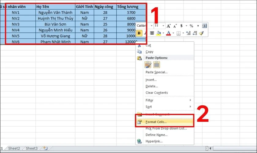 Bôi đen vùng dữ liệu cần sao chép, nhấp chuột phải và chọn Format Cells…