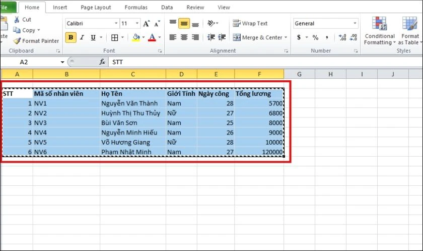 Bôi đen dữ liệu và thực hiện copy bảng tính bằng cách nhấn Ctrl + C