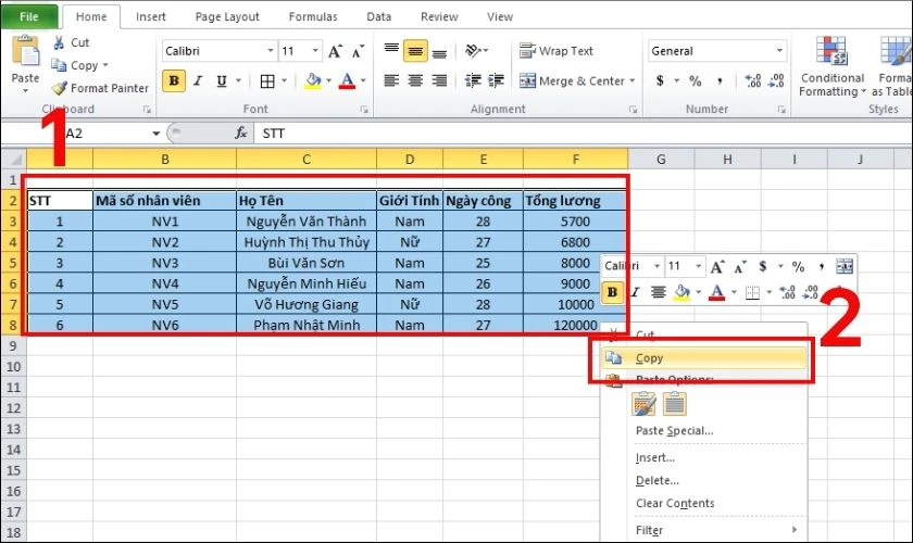 Bôi đen toàn bộ vùng dữ liệu cần sao chép, nhấn chuột phải và chọn Copy