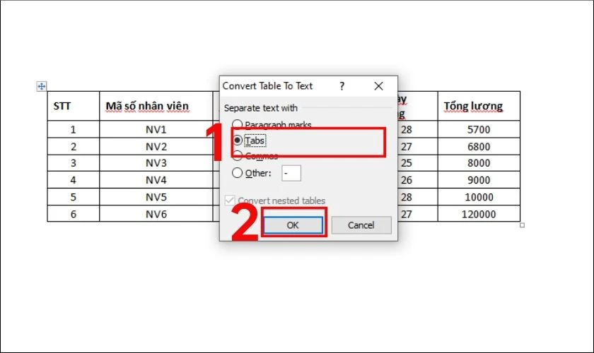 Sao chép từ Excel sang Word không kèm theo khung bằng Table