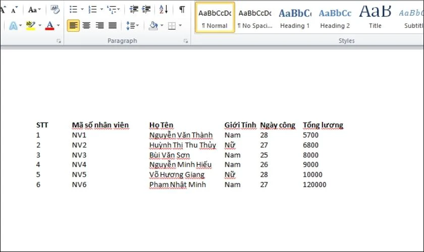 Cách copy từ Excel sang Word không kèm theo khung bằng Table