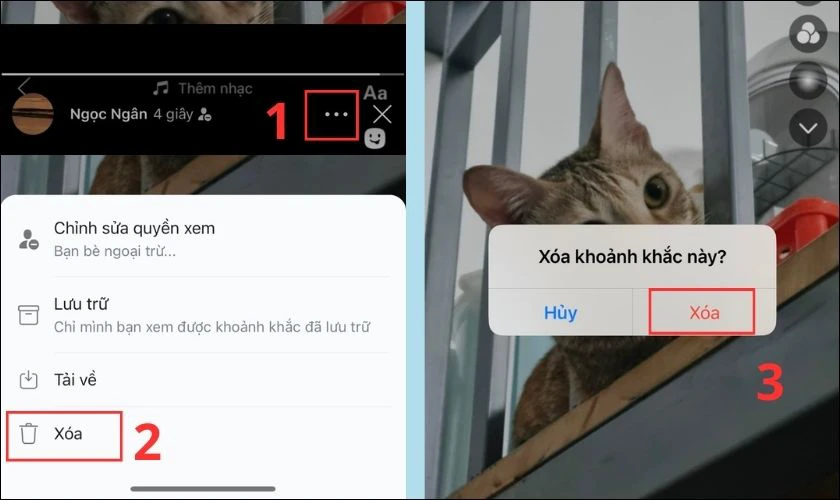 Chọn mục X&oacute;a v&agrave; x&aacute;c nhận nhấn X&oacute;a lần nữa để c&aacute;ch x&oacute;a khoảnh khắc đ&atilde; đăng tr&ecirc;n Zalo