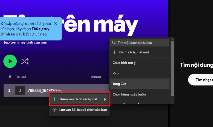 Click chuột phải v&agrave;o b&agrave;i h&aacute;t bạn muốn, chọn Th&ecirc;m v&agrave;o danh s&aacute;ch ph&aacute;t
