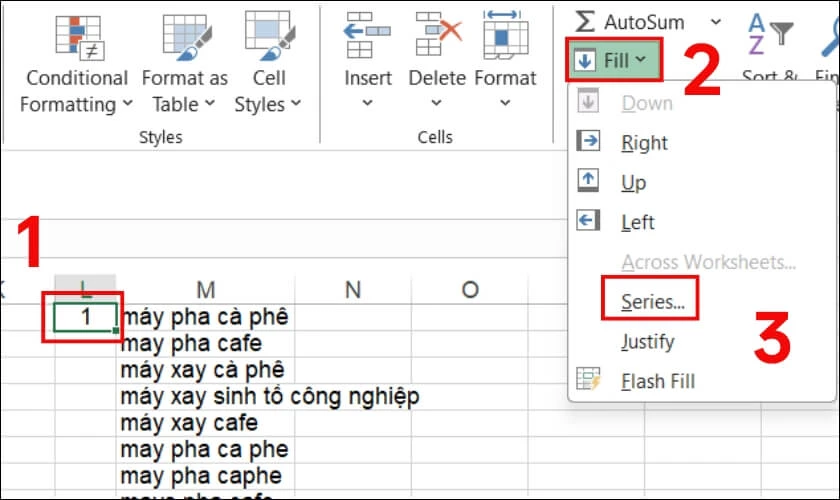Chọn thẻ Home sau đ&oacute; chọn Fill tiếp tục chọn Series