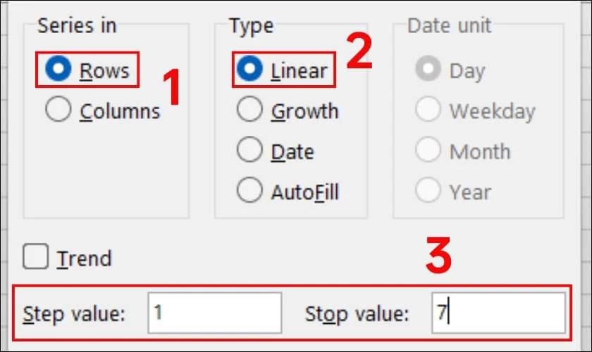 Điền gi&aacute; trị bắt đầu ở Step value, gi&aacute; trị kết th&uacute;c ở Stop value