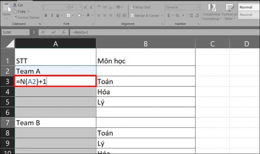Nhập c&ocirc;ng thức =N(A2)+1
