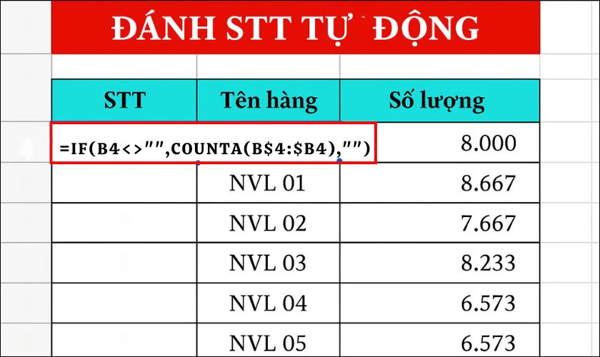 C&aacute;ch đ&aacute;nh số thứ tự trong Excel khi th&ecirc;m d&ograve;ng
