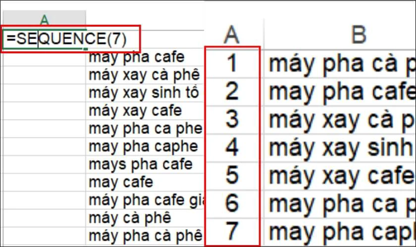 C&aacute;ch đ&aacute;nh số trong Excel bằng h&agrave;m SEQUENCE
