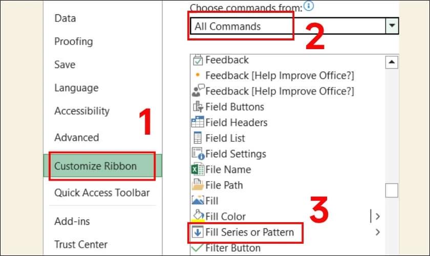 Chọn All Commands rồi t&igrave;m Filter Series or Pattern