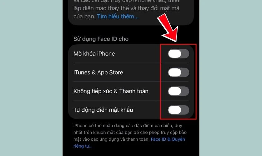 Tắt Face ID cho từng dịch vụ