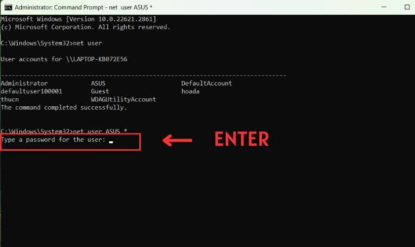 Mật khẩu mới được c&agrave;i đặt th&agrave;nh c&ocirc;ng bởi Command Prompt