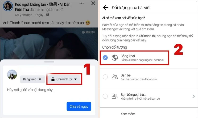 Nhấn v&agrave;o &ocirc; Chỉ m&igrave;nh t&ocirc;i, chọn c&ocirc;ng khai 