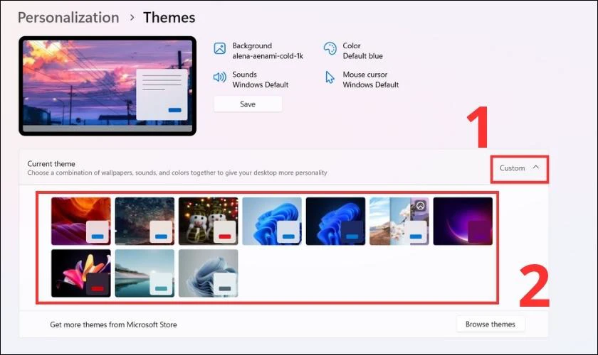 Chọn v&agrave;o Custom để xem c&aacute;c theme được mặc định trong Win 11