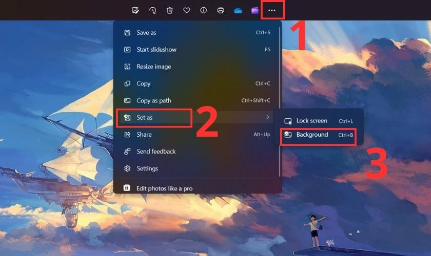 Chọn Set as v&agrave; click v&agrave;o Background để thay đổi h&igrave;nh nền.