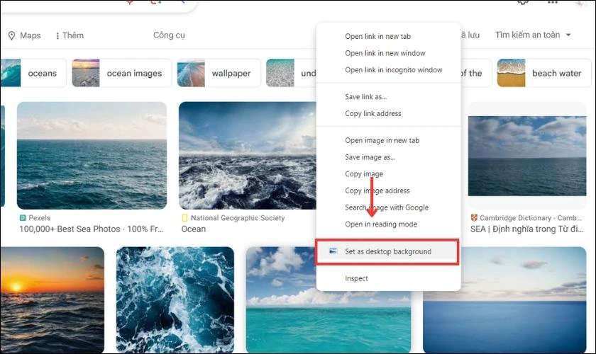 Chọn Set as desktop background để c&agrave;i đặt h&igrave;nh nền tr&ecirc;n m&aacute;y t&iacute;nh Win 11