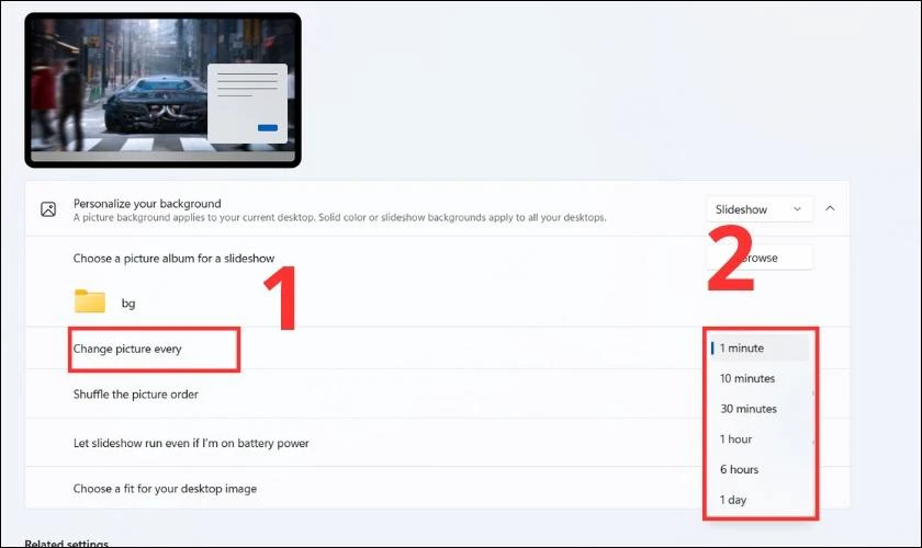 Chọn mục Change picture every để chọn thời gian chuyển ảnh 
