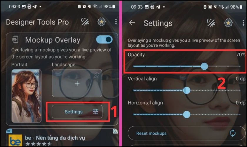 Điều chỉnh thanh trượt Opacity