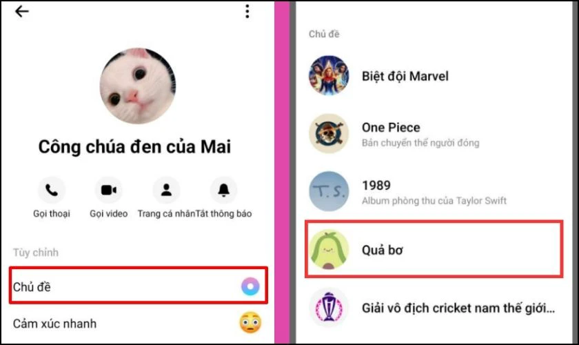 Nhấn v&agrave;o t&ecirc;n người đang tr&ograve; chuyện tr&ecirc;n Messenger chọn Chủ đề