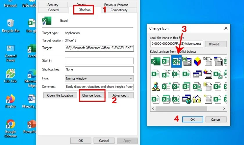 Bấm chuyển tiếp sang tab Shortcut v&agrave; chọn Change Icon