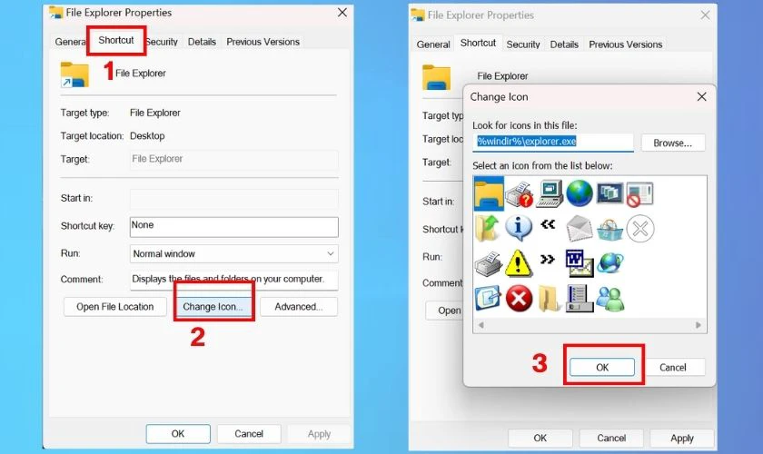 Trong cửa sổ mới hiển thị, chọn mục Shortcut, sau đ&oacute; bấm Change icon