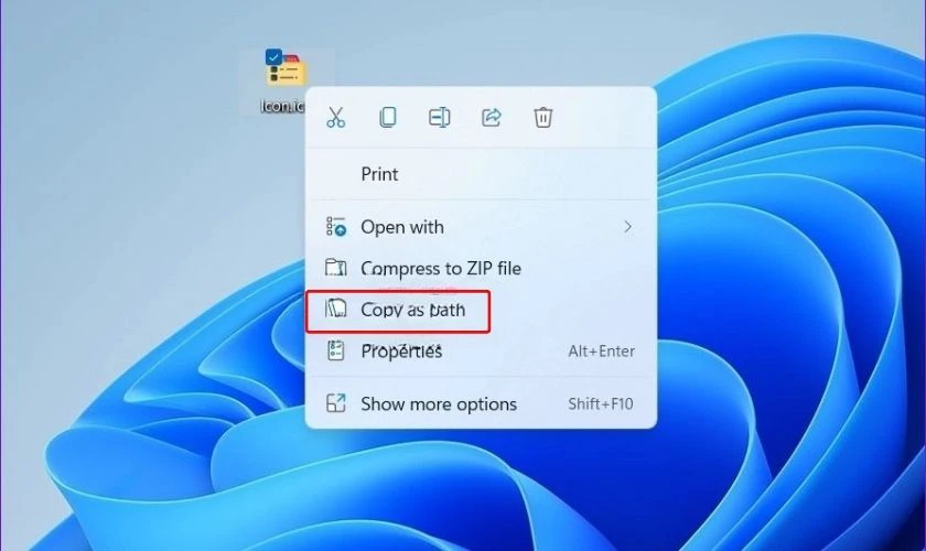 K&iacute;ch chuột phải v&agrave;o tệp ICO đ&atilde; tải xuống v&agrave; chọn Copy as path