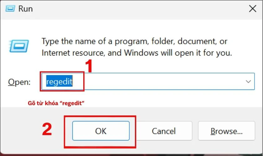 Nhấn tổ hợp ph&iacute;m Windows + R để khởi chạy lệnh Run, nhập regedit